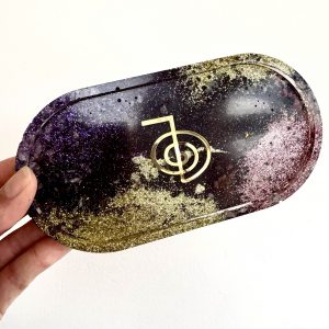 🔯 Plateau de Rechargement Ovale – Symbole Reiki Cho Ku Rei Améthyste • Citrine • Quartz Rose • Rhodonite