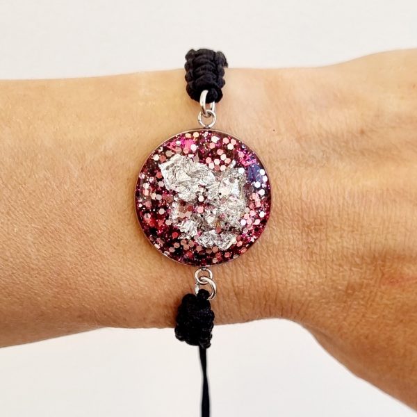 Bracelet Macramé 25mm | Nébuleuse Amour de soi | Chakra coeur | Argenté | cordon noir