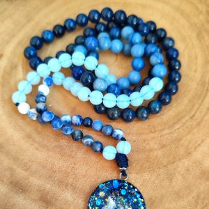 Mala 108 Perles Lithothérapie – Sodalite, Opalite, Aventurine Bleue & Lapis-lazuli | Maxi Galaxie "Médiumnité " (Chakra 3ème œil) | Argenté