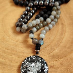 Mala 108 perles en Labradorite, Hématite, Pierre de Lave + Maxi Galaxie Protection Générale | Argenté
