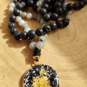 Mala 108 perles en Labradorite, Hématite, Pierre de Lave + Maxi Galaxie Protection Générale | Doré