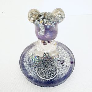 💜 Ourson des Étoiles sur Plateau – Apaisement des Émotions | Améthyste • Quartz Rose • Cristal de Roche