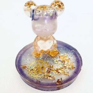 💜 Ourson des Étoiles sur Plateau – Apaisement des Émotions | Améthyste • Quartz Rose • Cristal de Roche