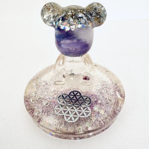 💜 Ourson des Étoiles sur Plateau – Apaisement des Émotions | Améthyste • Quartz Rose • Cristal de Roche