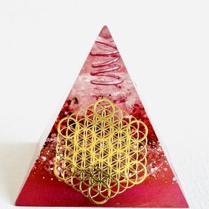 🔺 Pyramide Vibratoire –
Amour Originel & Unité Sacrée | Quartz rose • Cristal de roche • Géométries sacrées superposées