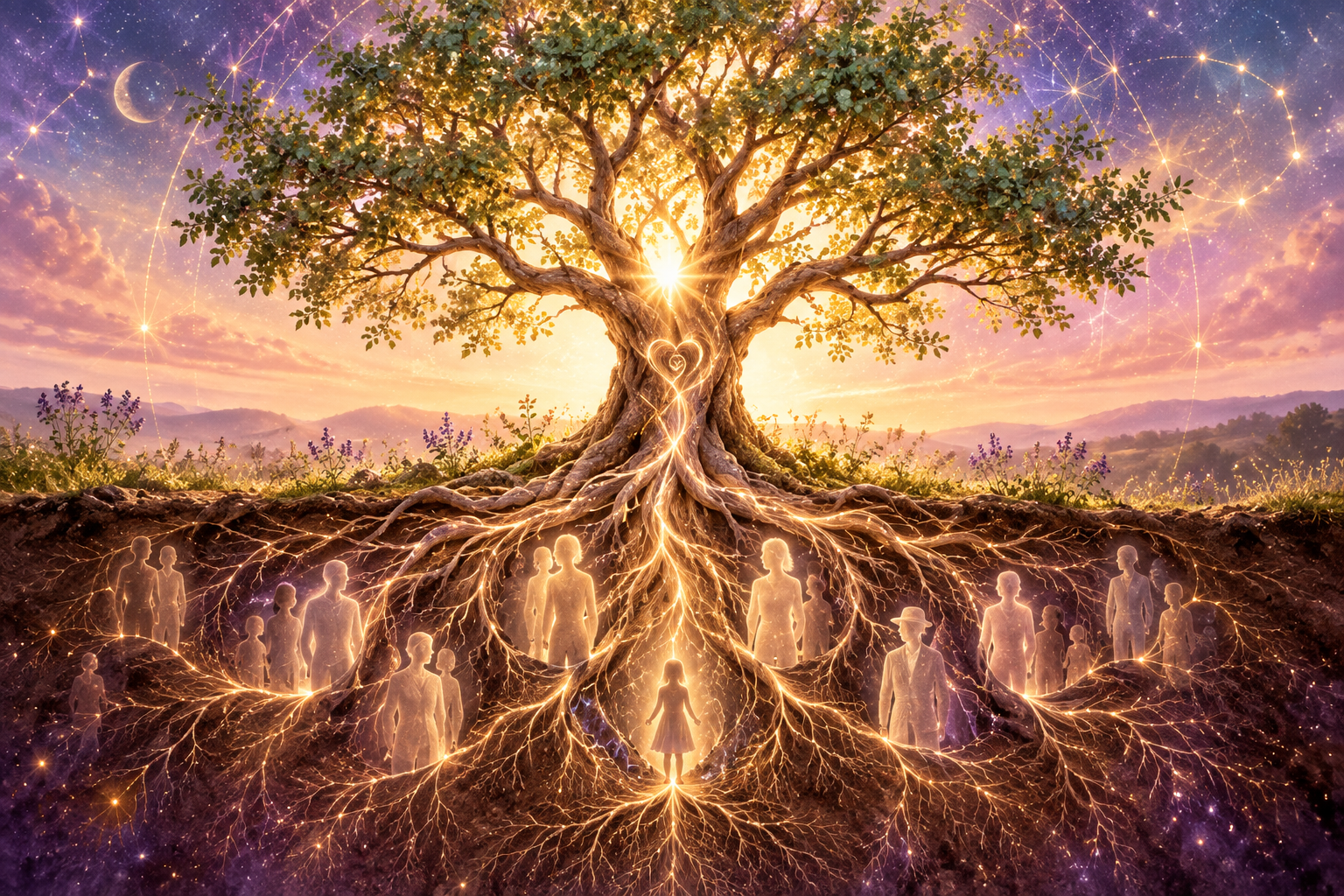 Arbre ancestral lumineux dont les racines relient plusieurs générations