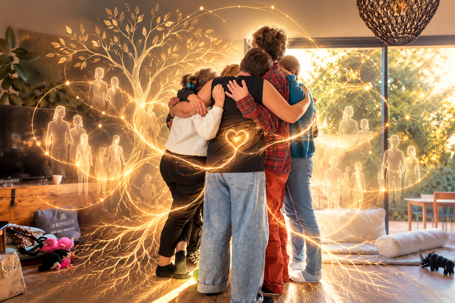 Un groupe réuni dans une étreinte au cœur d’une constellation familiale lumineuse