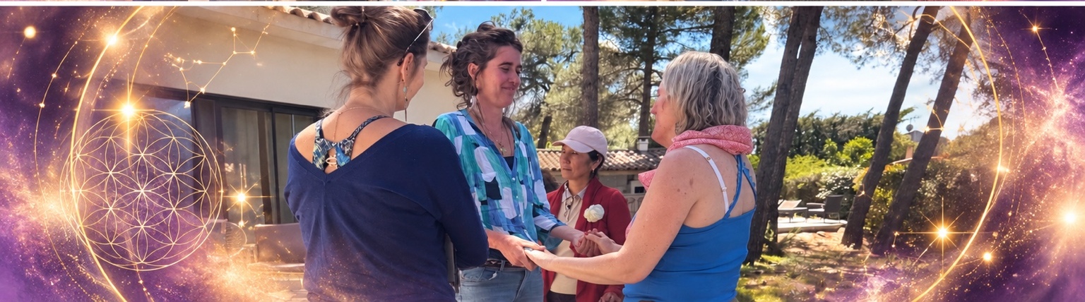 Cercle de participantes en mouvement lors d’un atelier de constellations familiales